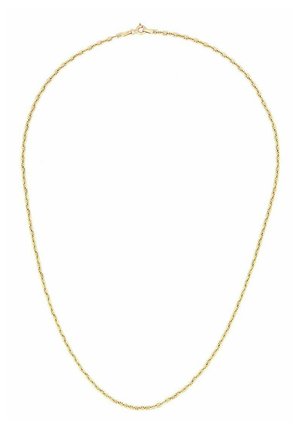 Thin gold chain necklace with small textured links and a spring ring clasp, displayed on a white background.
