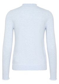Light blue long-sleeve sweater with a ribbed texture and scalloped neckline. The cuffs feature a similar scalloped edge for detail.