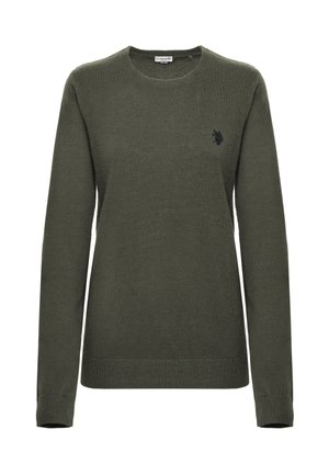 Maglione verde oliva realizzato in morbido materiale a maglia, con scollo rotondo, maniche lunghe e un piccolo logo ricamato nero sul petto.