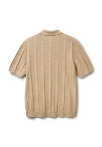 Beige short-sleeve polo shirt with vertical ribbed texture and a classic collar, made from a lightweight fabric.