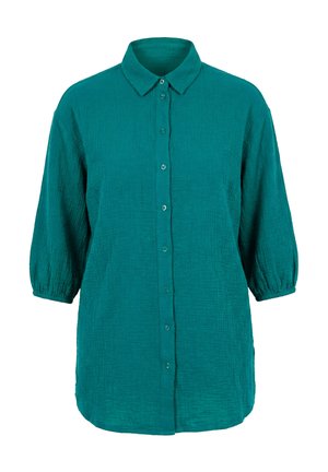 Türkisblaues langärmliges Hemd mit Knopfleiste, Kragen, elastischen Bündchen und einer strukturierten Stoffstruktur.