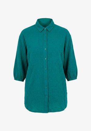 Morska zielona koszula na długi rękaw z kołnierzykiem, zapinana na guziki, z elastycznymi mankietami i teksturowanym wzorem tkaniny.