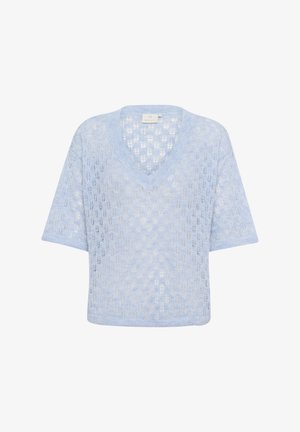 Light blue knit sweater with a loose fit, V-neck, and short sleeves. Features a delicate, openwork texture and a slightly cropped hem.