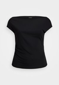 Haut noir à manches courtes avec décolleté en dehors des épaules et détails froncés sur les côtés. Fabriqué en tissu lisse et extensible. Design simple.