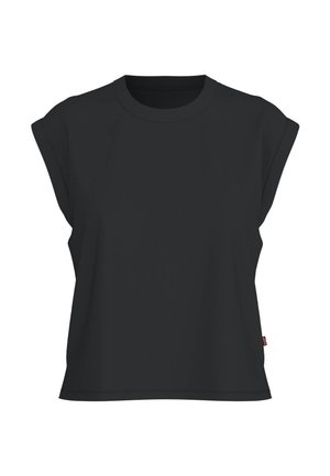Camiseta negra de manga corta con escote redondo, corte holgado y textura suave. Presenta sutiles detalles en la etiqueta del dobladillo lateral.