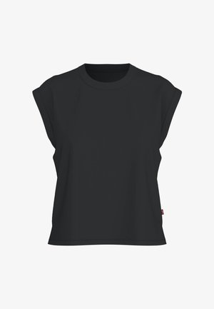 Juodas trumpomis rankovėmis marškinėliai su apvaliū figurine, laisvas kirpimas ir lygi tekstūra. Papildyta subtiliu šoniniu kraštu ženkleliu.