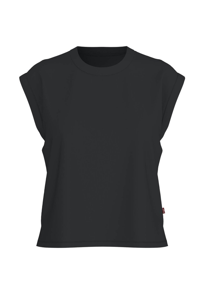 Schwarzes T-Shirt mit kurzen Ärmeln, rundem Halsausschnitt, lockerer Passform und glatter Textur. Verfügt über subtile seitliche Saum-Tag-Details.
