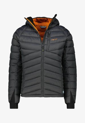 Veste matelassée noire avec intérieur orange, dotée d'une fermeture éclair à l'avant, de surpiqûres en chevron, de poignets élastiques et de deux poches latérales.
