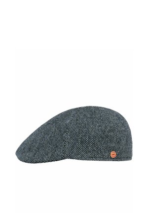 Flat grey and black herringbone-patterned newsboy cap with a small round red and gold logo badge on the side.