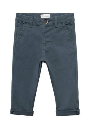 Pantalons en coton gris foncé avec fermeture à bouton, comportant des poches avant et des ourlets retroussés. Texture lisse, design ajusté.