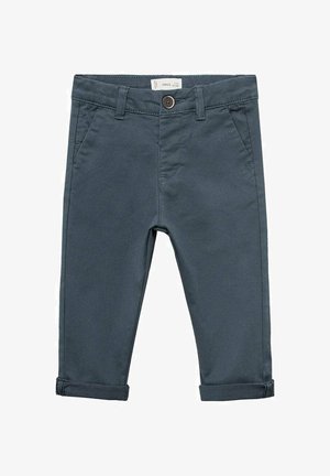 Mørkegrå bomuldsbukser med knaplukning, der har forlommer og opkrøllede manchetter. Glat tekstur, skræddersyet design.