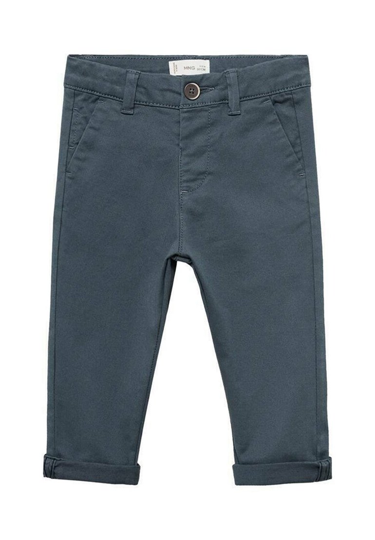 Tmavě šedé bavlněné kalhoty s knoflíkovým zapínáním, předními kapsami a ohrnutými manžetami. Hladká textura, propracovaný design.