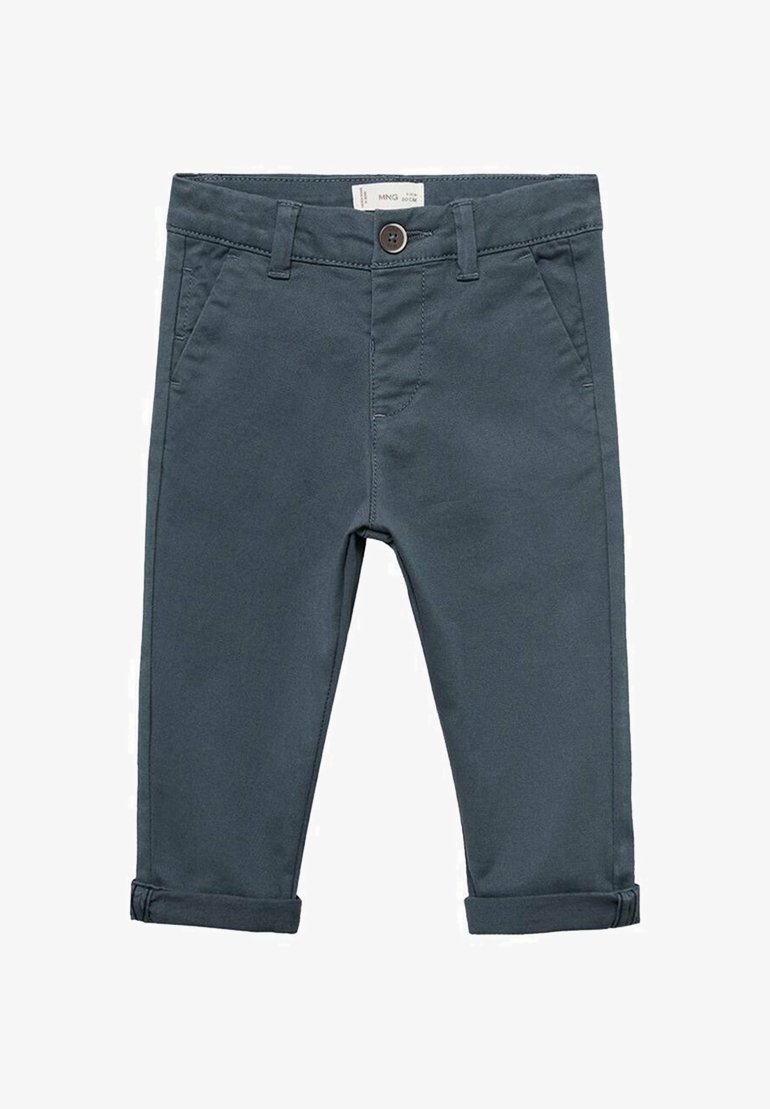 Tmavě šedé bavlněné kalhoty s knoflíkovým zapínáním, předními kapsami a ohrnutými manžetami. Hladká textura, propracovaný design.