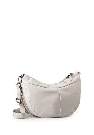 Lichtgrijze, sikkelvormige schoudertas met verstelbare band, ritssluiting en subtiel reliëflogo aan de voorkant.