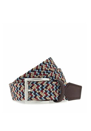 Ceinture tissée en tissu multicolore aux tons bordeaux, bleu et beige, avec une boucle métallique argentée et des accents en cuir marron.