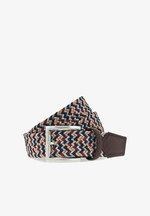 Ceinture tissée en tissu multicolore aux tons bordeaux, bleu et beige, avec une boucle métallique argentée et des accents en cuir marron.