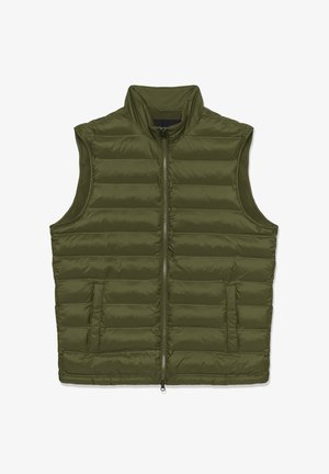 Olivgrön, vadderad, ärmlös puffer-väst med ståkrage, framdragkedja och två sidofickor, liggande platt på vit bakgrund.