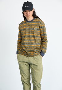 Green and orange striped long-sleeve shirt with a round neckline and a logo patch. Paired with light green cargo pants. Black cap.