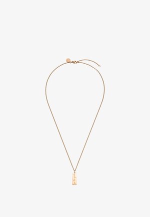 Zarte Halskette aus roségold mit rechteckigem Anhänger, auf dem in kursiver Schrift "für das Gute" eingraviert ist.