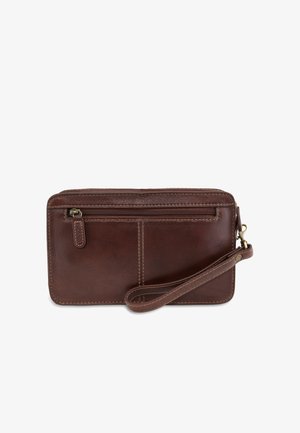 Braunes Leder-Armband-Portemonnaie mit Reißverschlusstasche vorne, abnehmbarem Riemen, Ziernähten und Metallverschluß.