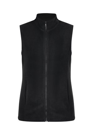 Zwarte fleece vest met hoge kraag, volledige rits aan de voorkant en twee zijzakken. Glad oppervlak en een aansluitend ontwerp zonder mouwen.