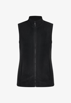 Melna vilnas vestas ar augstu apkakli, pilnu priekšējo rāvējslēdzēju un divām sānu kabatām. Gluda tekstūra un pieguļošs dizains bez piedurknēm.