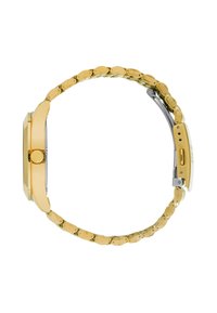 Armbanduhr in Goldton mit rundem Gehäuse, strukturiertem Metallarmband und polierter Oberfläche. Der Verschluss ist silberfarben, und das Design ist minimalistisch.