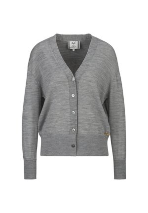 Cardigan gris clair à col en V avec manches longues et cinq boutons devant, fabriqué en tissu tricoté doux avec une petite étiquette logo dorée près de l'ourlet.