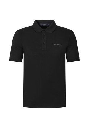 Polo nera a maniche corte con tre bottoni e piccolo logo bianco "KARL LAGERFELD" sul petto a sinistra.