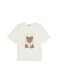 Crème katoenen t-shirt met een gemêleerd teddybeer ontwerp in bruin, met zilveren letters "NEW YORK" boven het motief. Korte mouwen.