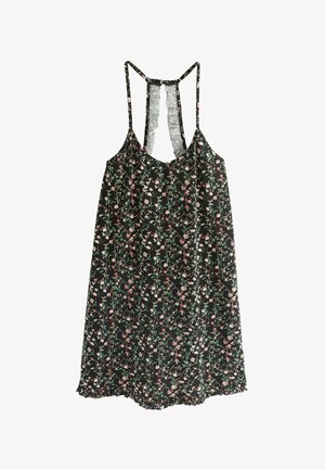 Mustaline musta lilleline siidkleit, millel on õhukesed rihmad, pitsdetailid seljal ja volangäär. Lillemuster roosa ja rohelise aktsendiga.