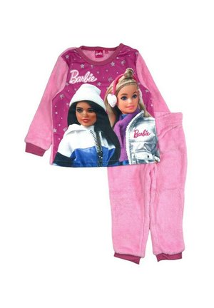 Completo pigiama a tema Barbie, composto da una maglietta in fleece rosa con grafiche di due bambole e pantaloni in fleece rosa abbinati con caviglie a costina.