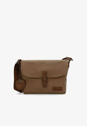 Brown canvas messenger bag with adjustable shoulder strap, front flap secured by leather strap and snap button, and round leather keychain.