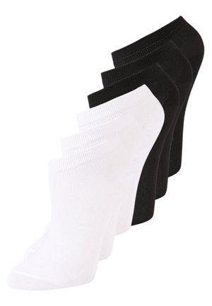 Fünf Paar Knöchelsocken: drei schwarze und zwei weiße. Hergestellt aus feiner Stoffqualität, mit einem gerippten Bündchen und einer glatten Textur.