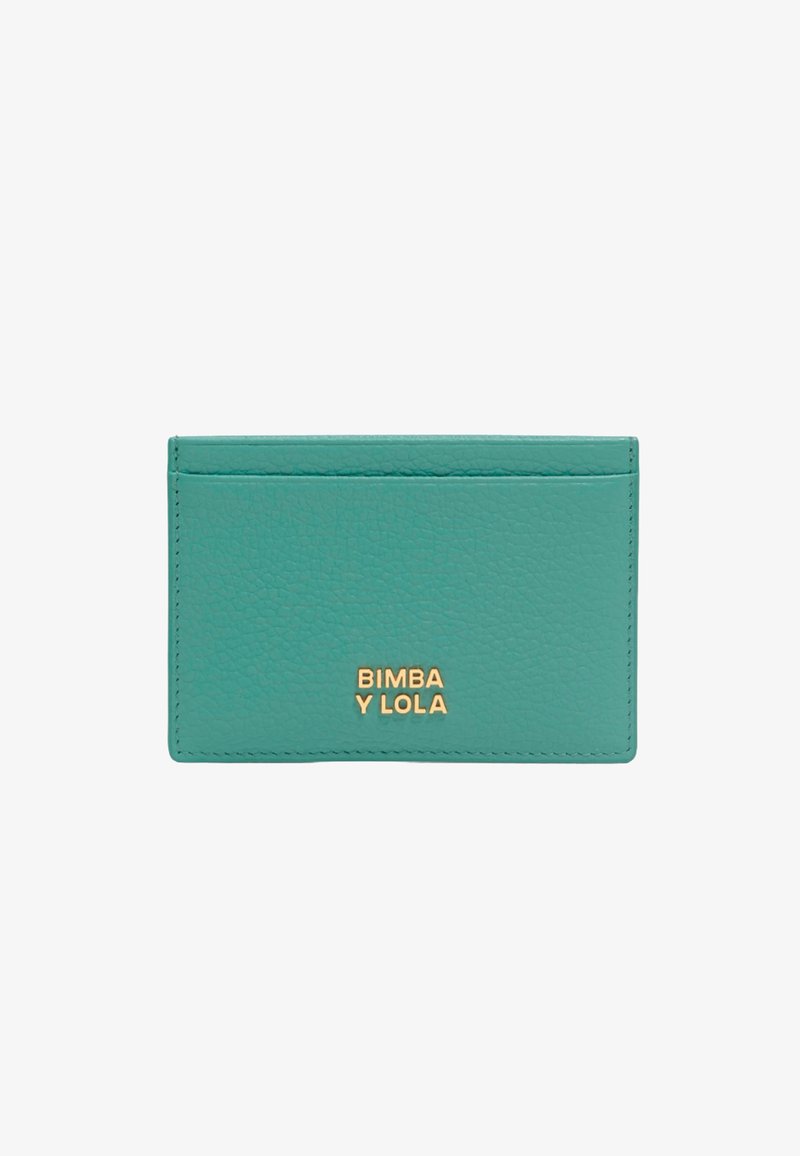Turquoise textured leather cardholder with gold logo lettering. Features five slots for cards and a minimalist design.