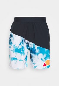 Modré a bílé vzorované plavky s černým pasem. Na spodní straně mají grafický akcent v oranžové, červené a žluté barvě.