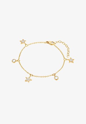 Bracelet en or avec des charms en forme d'étoile et circulaires, ornés de pierres précieuses transparentes. Design à maillon avec fermoir et longueur ajustable.