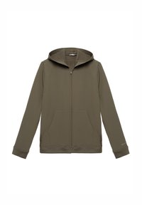 Kurtka z kapturem na zamek w oliwkowym zielonym kolorze, wykonana z miękkiej, elastycznej tkaniny. Posiada boczne kieszenie oraz gładką fakturę i prosty design.