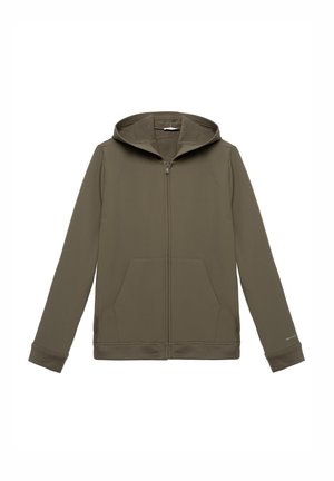 Kapuzensweatjacke mit Reißverschluss in Olivgrün, aus weichem Stretchstoff. Verfügt über Seitentaschen und eine glatte Textur mit schlichtem Design.