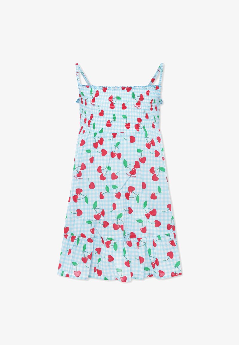 Robe à carreaux bleus avec imprimé cerise rouge, corsage smocké, fines bretelles et ourlet évasé. Le matériau semble léger et respirant.