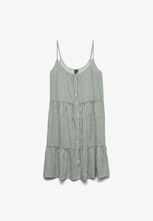 Raidallinen vihreä ja valkoinen ilmanhiha dressi, jossa napit edessä ja röyhelöhelma. Valmistettu kevyestä kankaasta, jossa on ohuet hihnat.