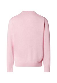Vista posteriore di un maglione a maniche lunghe di colore rosa chiaro senza decorazioni, con polsini e orlo a coste, su sfondo bianco.