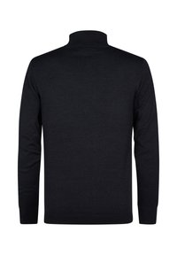 Schwarzer Rollkragenpullover mit langen Ärmeln, aus glattem Strickmaterial gefertigt. Verfügt über einen eng anliegenden Kragen sowie gerippte Bündchen und Saum.