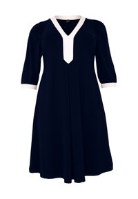 Marineblaues Kleid mit V-Ausschnitt und weißen Akzenten am Ausschnitt und an den Ärmeln. Verfügt über drei Viertel Puffärmel und eine fließende Silhouette.