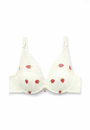 Weißer Spitzen-BH mit Bügel, verstellbaren Trägern und roten, bestickten Erdbeeren, die auf den Cups und an den Seiten verteilt sind.