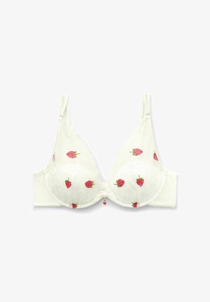 Hvid blonde-bh med bøjle, justerbare stropper og røde broderede jordbær spredt på skåle og sider.