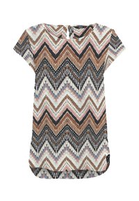 Blusa corta a maniche corte marrone e bianca con un motivo a zigzag arricchito da accenti rosa e blu; scollatura rotonda con un dettaglio a taglio sul retro.