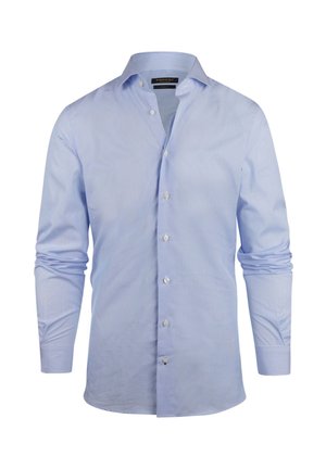 Hellblau gestreiftes Hemd mit Knöpfen, lange Ärmel, Kentkragen und kontrastierenden weißen Knöpfen, aus glattem Baumwollstoff.