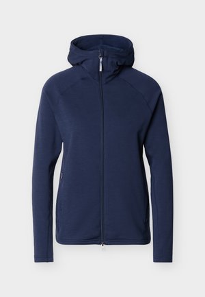 Tumši zils pilna garuma rāvējslēdzēja džemperis ar garām piedurknēm, piešūtu kapuci un sānu kabatām ar rāvējslēdzējiem, attēlots plakni uz gaiša fona.