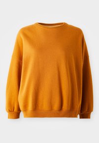 Sudadera naranja con escote redondo, hombros caídos y puños acanalados. Textura suave con un ligero patrón moteado en todo su tejido.